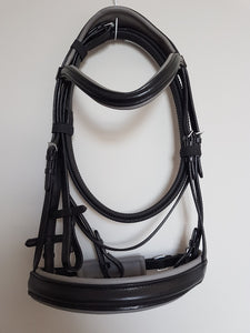 Cavesson Bridle - Black Leather with Grey Full, Cob, Pony