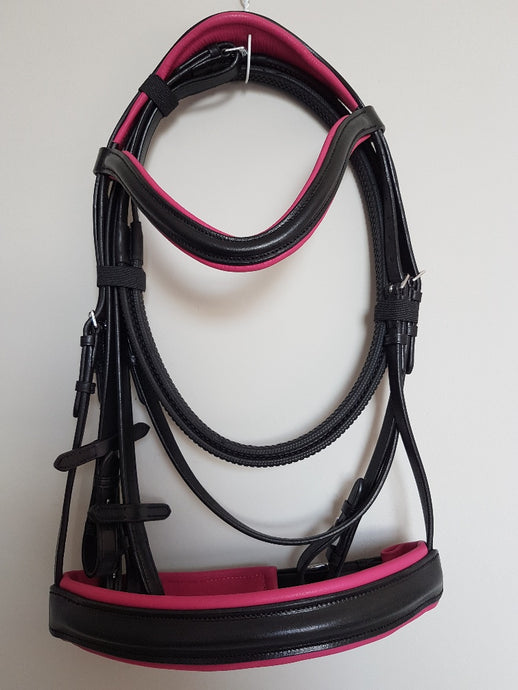 Cavesson Bridle - Black Leather with Pink Full, Cob, Pony