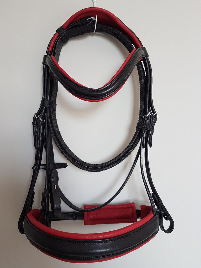 Cavesson Bridle - Black Leather with Red  Full, Cob, Pony