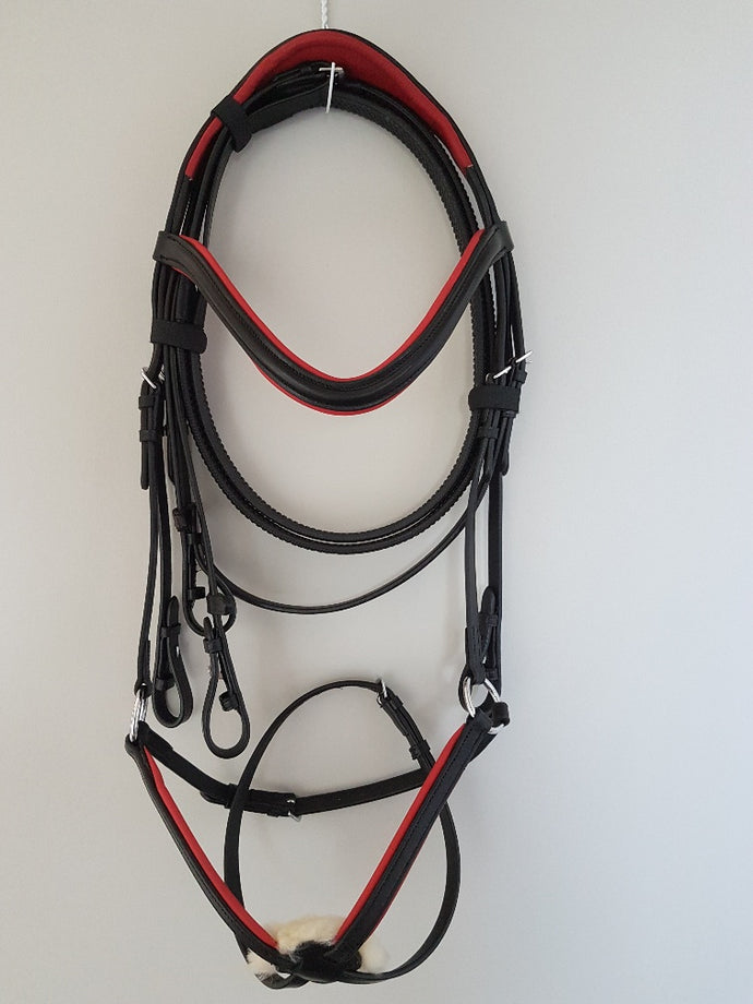 Grackle Bridle - Black Leather with Red Full, Cob, Pony