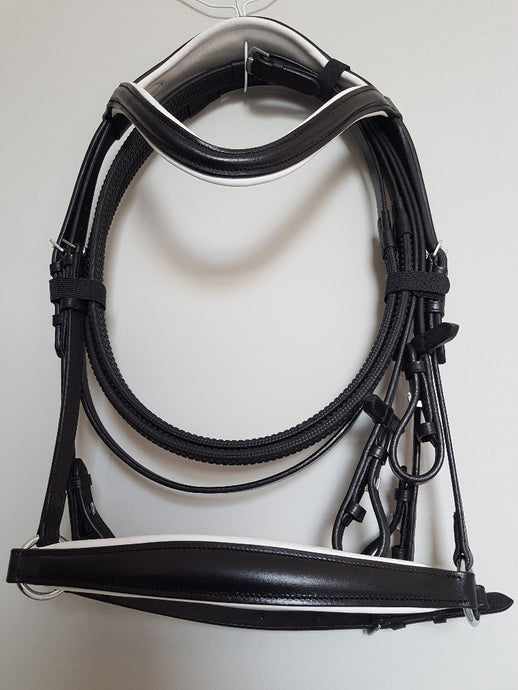 Drop Noseband Bridle - Black leather with White  Full, Cob, Pony
