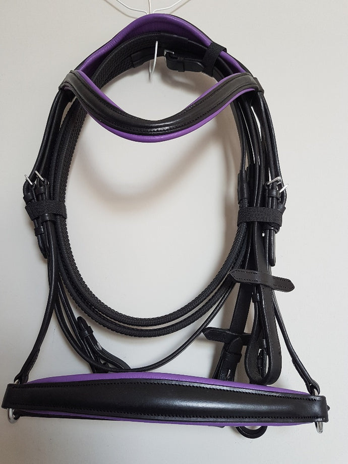 Drop Noseband Bridle - Black Leather with Purple  Full, Cob, Pony