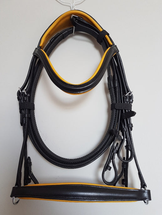 Drop Noseband Bridle - Black Leather with Yellow  Full, Cob, Pony