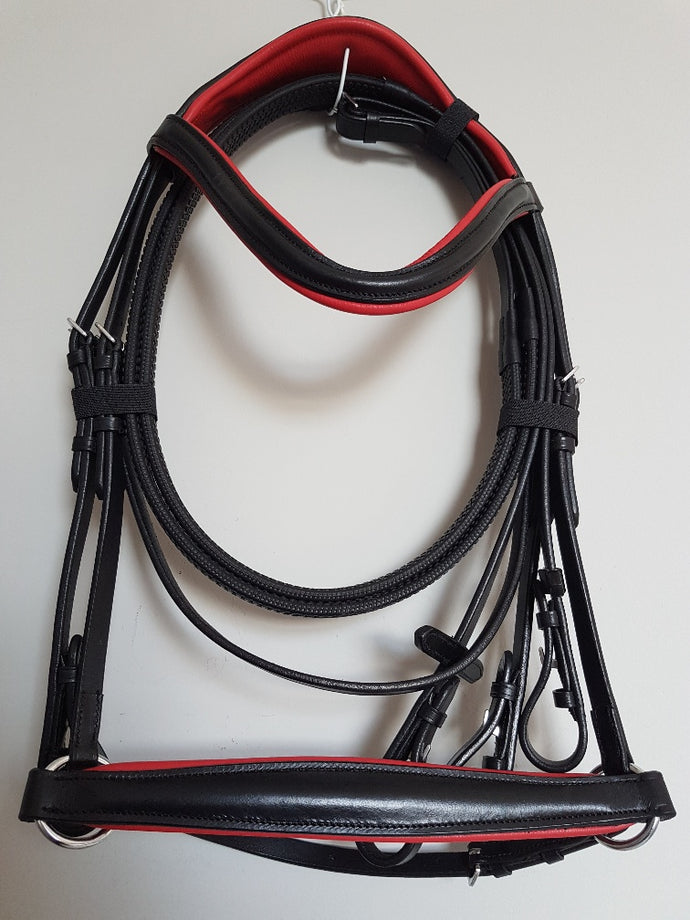 Drop Noseband Bridle - Black Leather with Red  Full, Cob, Pony