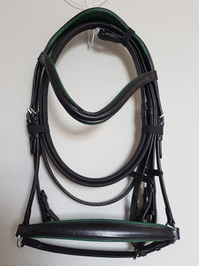 Drop Noseband Bridle - Black Leather with Green  Full, Cob, Pony