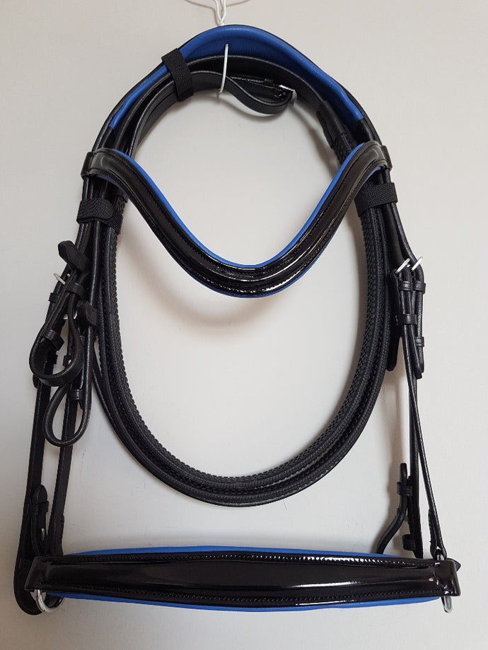 Drop Noseband Bridle - Black Patent Leather with Blue  Full, Cob, Pony
