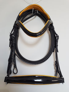 Drop Noseband Bridle - Black Patent Leather with Yellow  Full, Cob, Pony