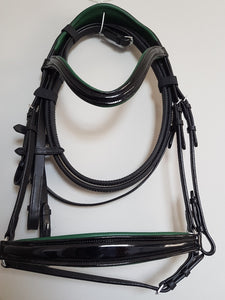 Drop Noseband Bridle - Black Patent Leather with Green  Full, Cob, Pony