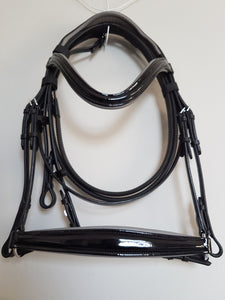 Drop Noseband Bridle - Black Patent Leather with Grey  Full, Cob, Pony