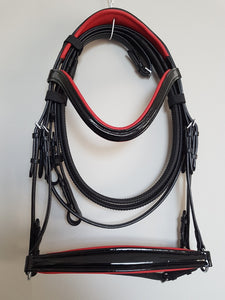 Drop Noseband Bridle - Black Patent Leather with Red  Full, Cob, Pony