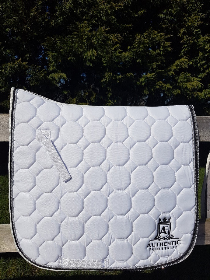 Dressage Saddle Pad - White with diamonte and black edging