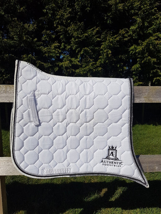 Spanish Saddle Pad - White with diamonte, silver and black edging