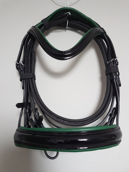 Cavesson Bridle - Black Patent Leather with Green  Full, Cob, Pony