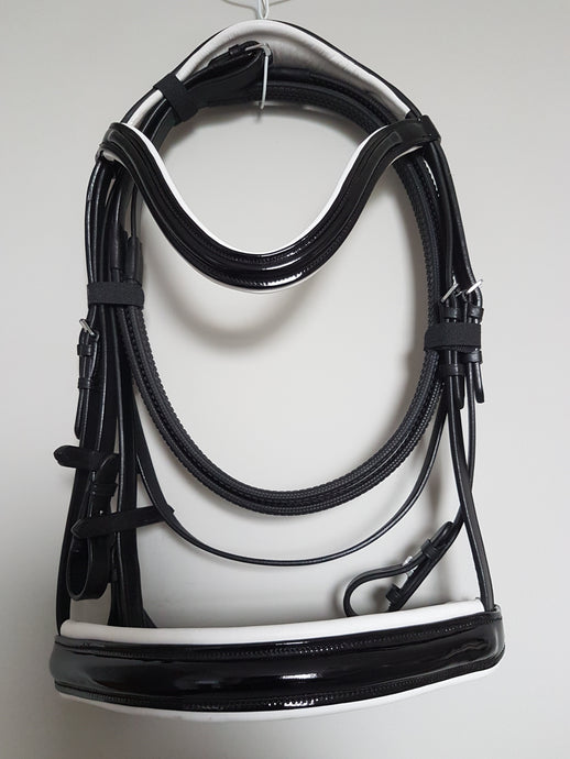 Cavesson Bridle - Black Patent Leather with White  Full, Cob, Pony