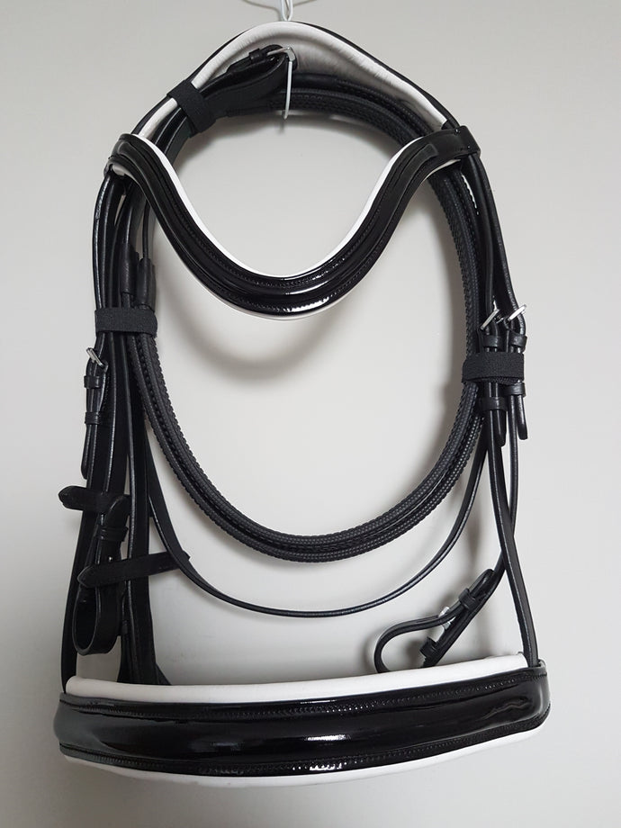 Cavesson Bridle - Black Patent Leather with White  Full, Cob, Pony