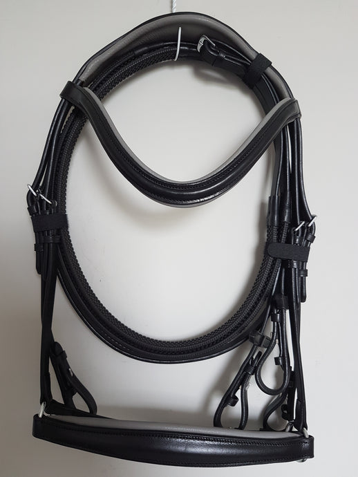 Drop Noseband Bridle - Black Leather with Grey  Full, Cob, Pony