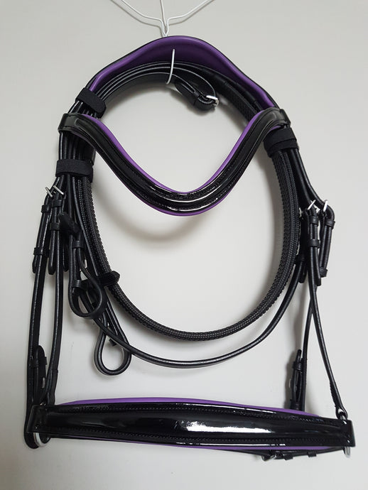Drop Noseband Bridle - Black Patent Leather with Purple  Full, Cob, Pony